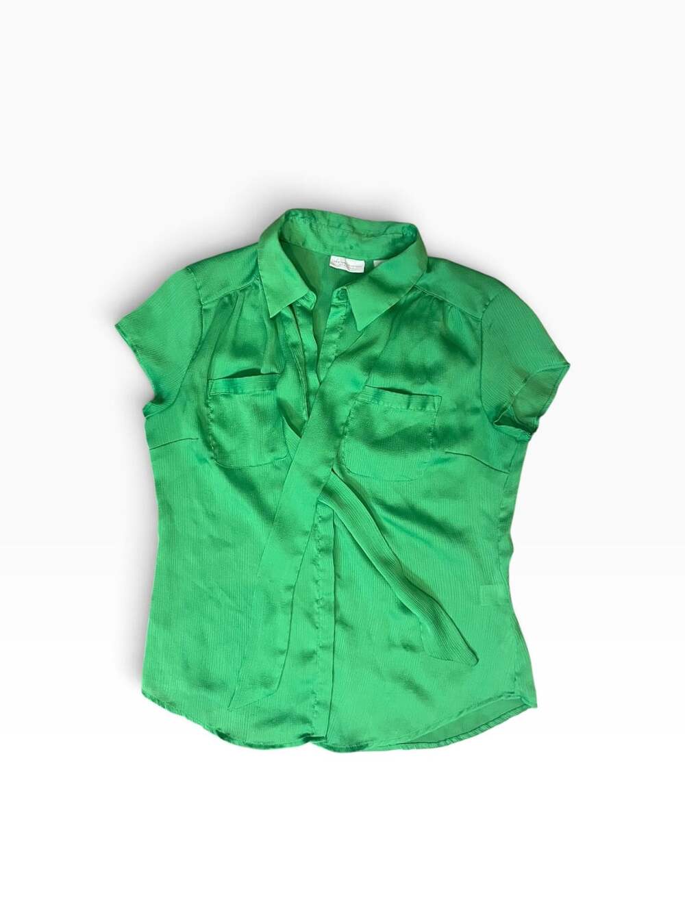 New York & Company Short Sleeve Button Up Shirt Size M Green Satin